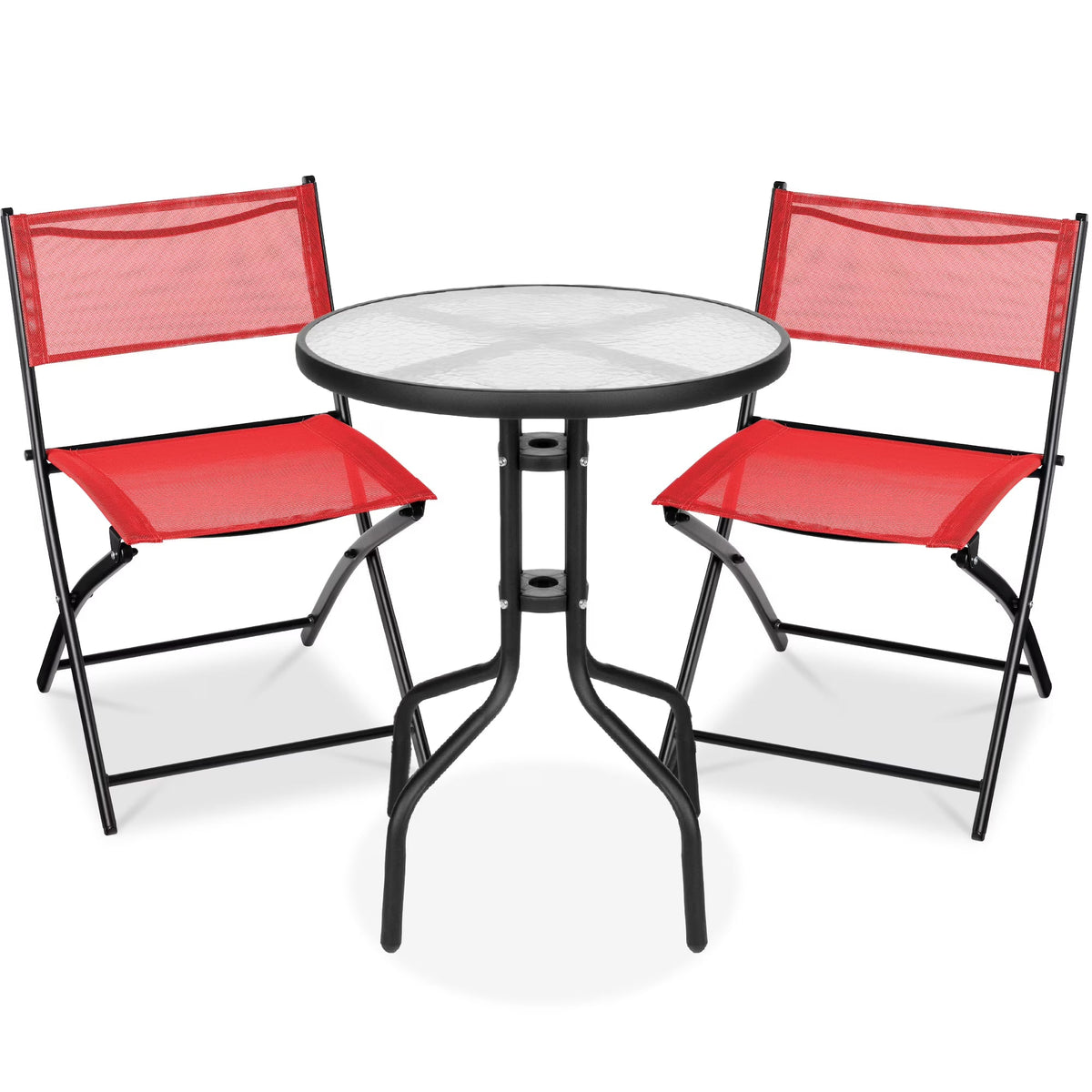 Best Choice Products 3-Piece Patio Bistro Dining Set With Glass Tabletop And Folding Chairs - Gray