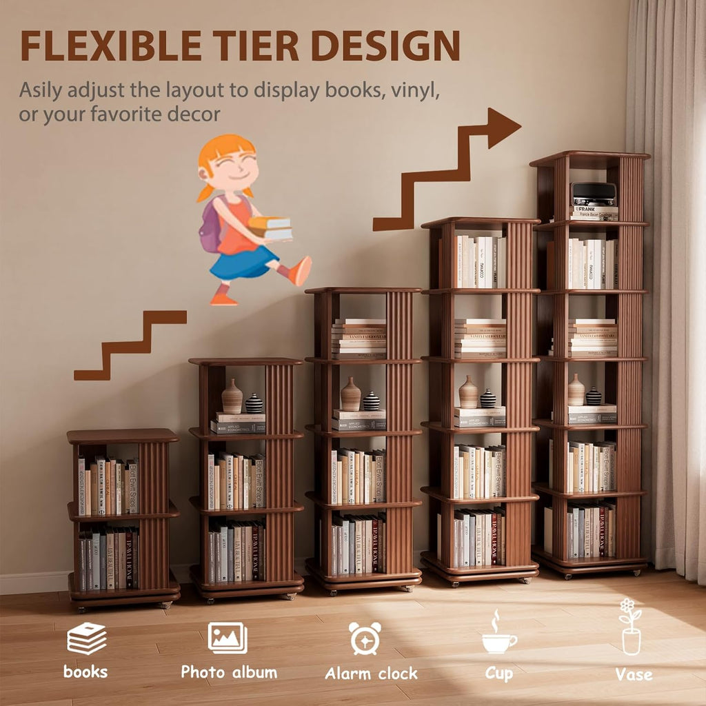 Solid Wood 6-Tier 360 Degree Rotating Rolling Bookshelf - Walnut