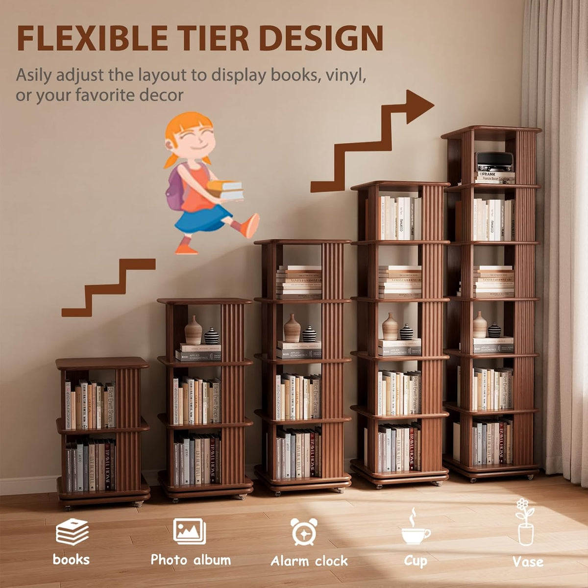Solid Wood 6-Tier 360 Degree Rotating Rolling Bookshelf - Walnut