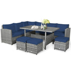 7-Piece Rattan Patio Dining Set With 3 Corner Chairs, 3 Ottomans And Table