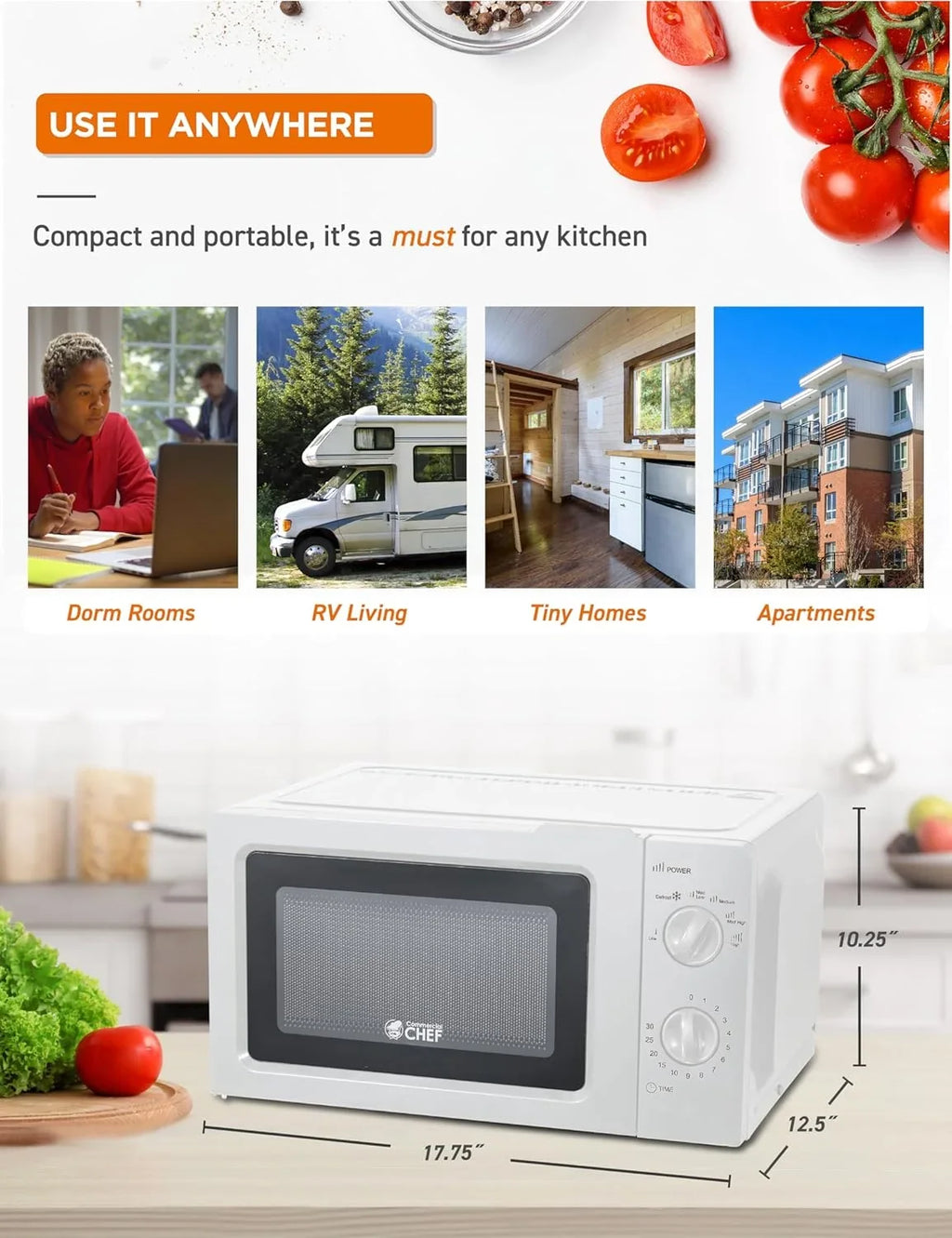 CHEF Countertop Microwave, 0.6 Cubic Foot, 600W, Black