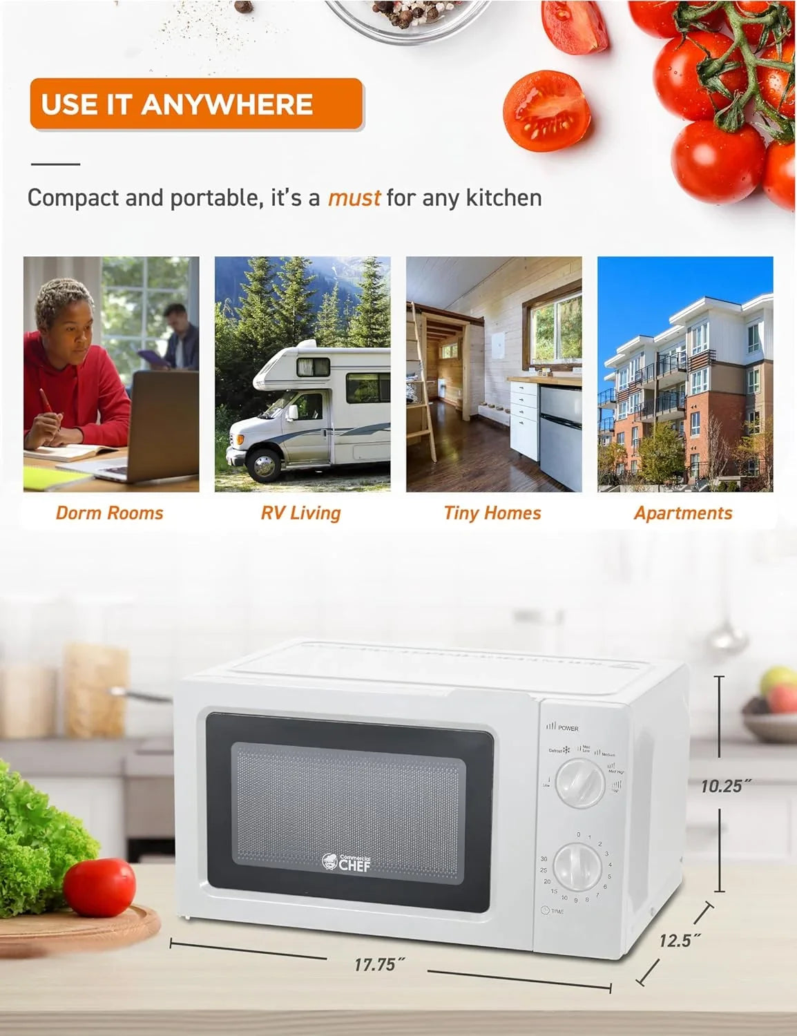 CHEF Countertop Microwave, 0.6 Cubic Foot, 600W, Black