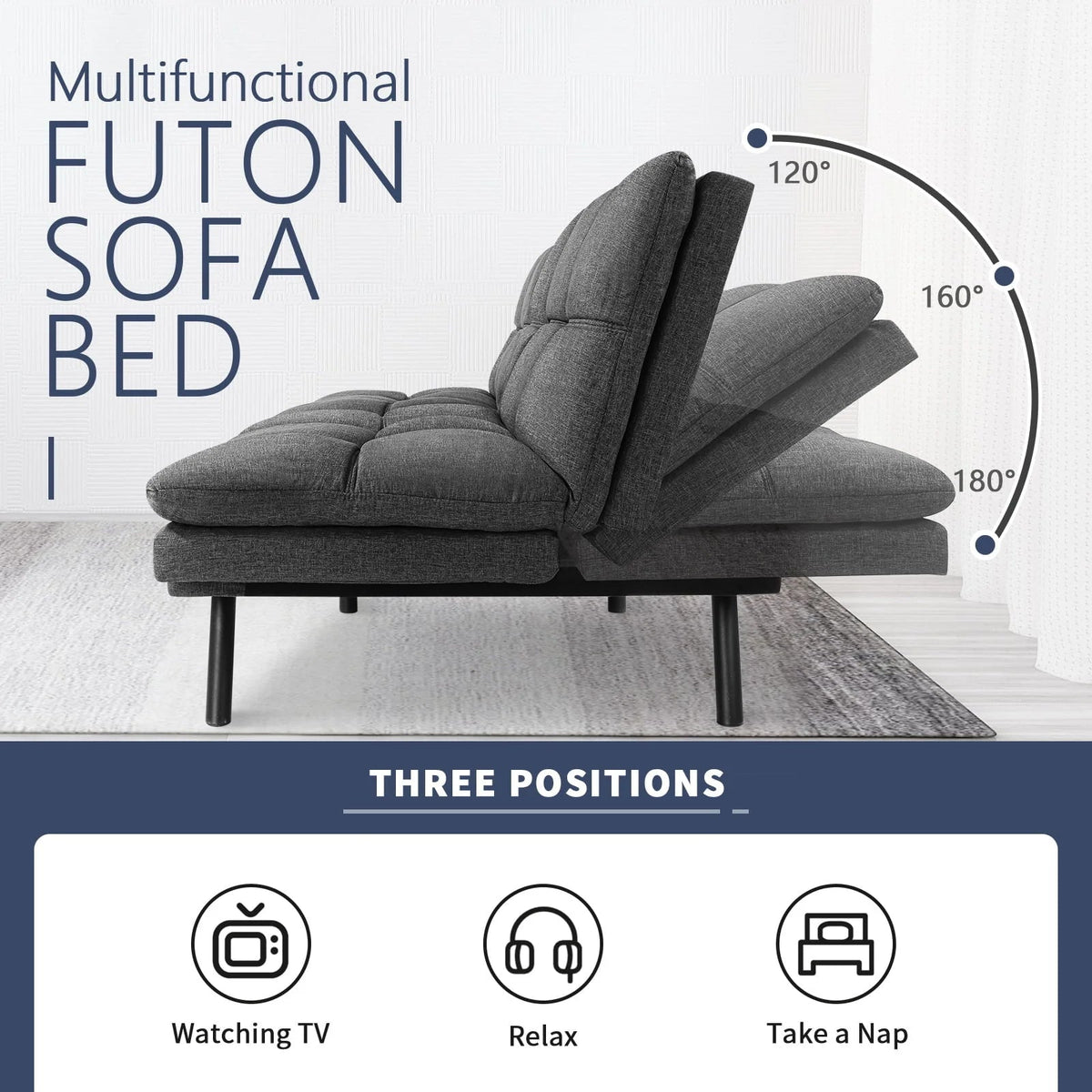 Memory Foam Futon Sofa Bed With Adjustable Armrests And Backrest - Gray