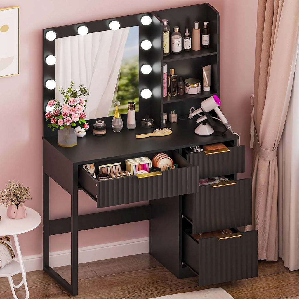 Ktaxon Vanity Makeup Table With Stool, 3-Color Lighted Mirror, 3 Shelves, Drawers, White - 35.43 x 15.55 x 29.53-53.27 in