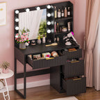 Ktaxon Vanity Makeup Table With Stool, 3-Color Lighted Mirror, 3 Shelves, Drawers, White - 35.43 x 15.55 x 29.53-53.27 in