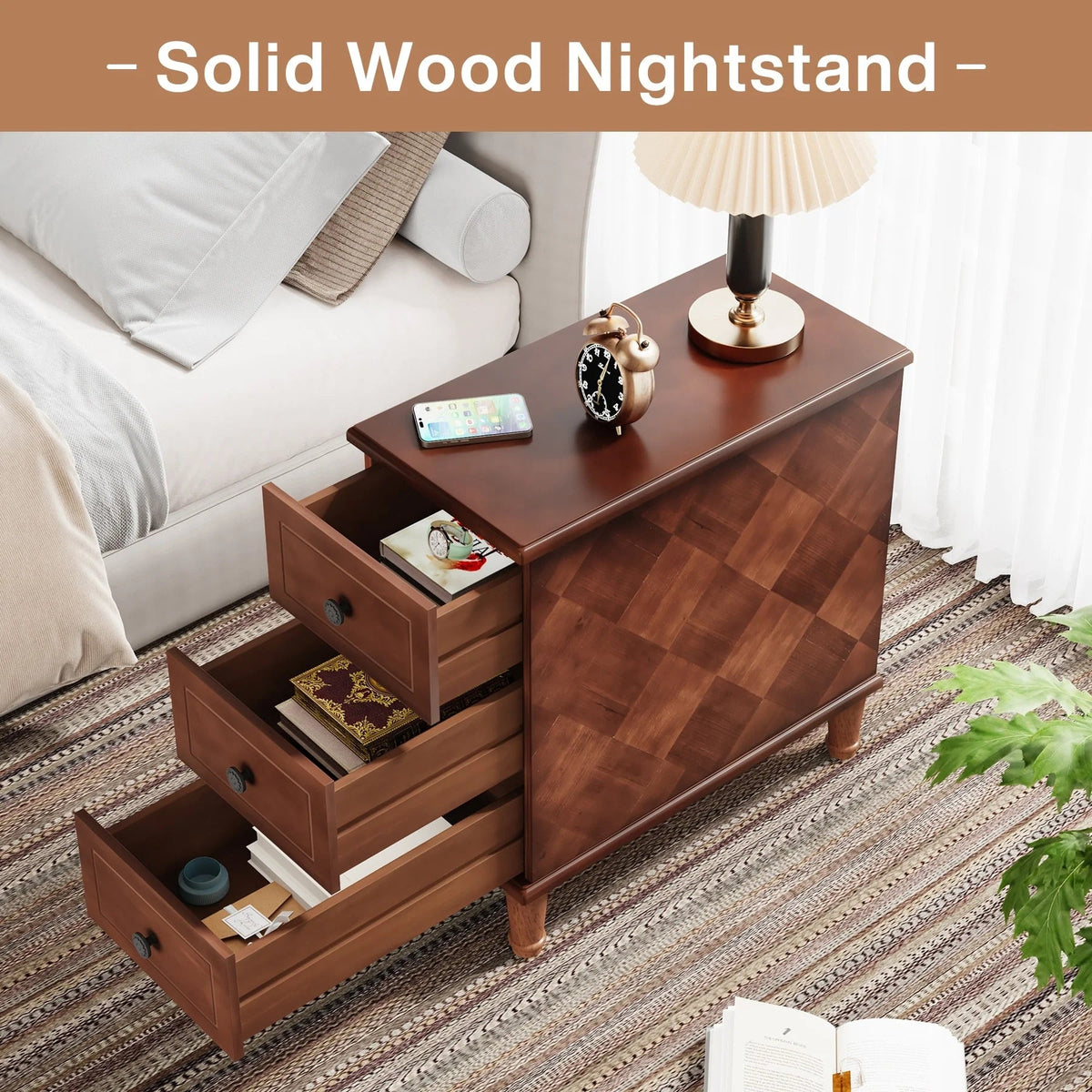 Solid Wood Narrow End Table With 3 Drawers - Fully Assembled