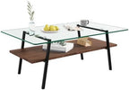HBBOOMLIFE 2-Tier Rectangular Glass Coffee Table With Tempered Glass Top And Wood Center - Brown Glass/Coffee Brown