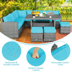 7-Piece Rattan Patio Dining Set With 3 Corner Chairs, 3 Ottomans And Table
