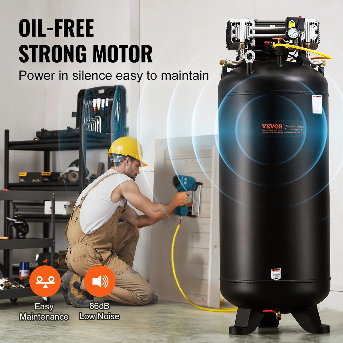VEVOR 80 Gallon Oil-Free Air Compressor, 6.5 HP, 15.5 SCFM at 90 PSI, 145 PSI - FB3500-10A300-1P