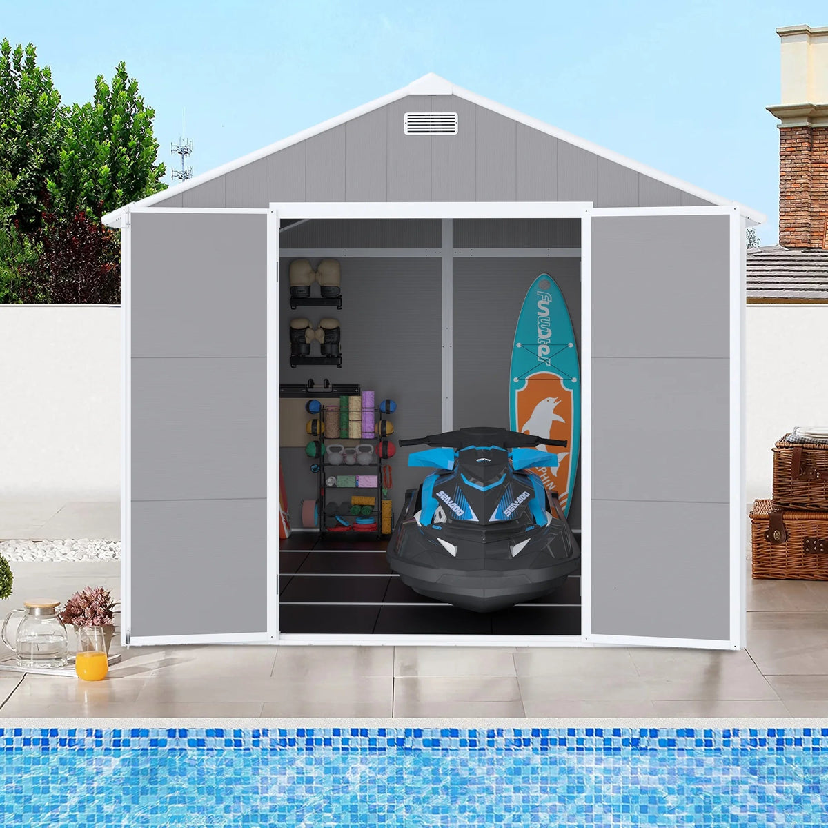 Seizeen Resin Outdoor Storage Shed With Floor, Light Gray, 82 in H