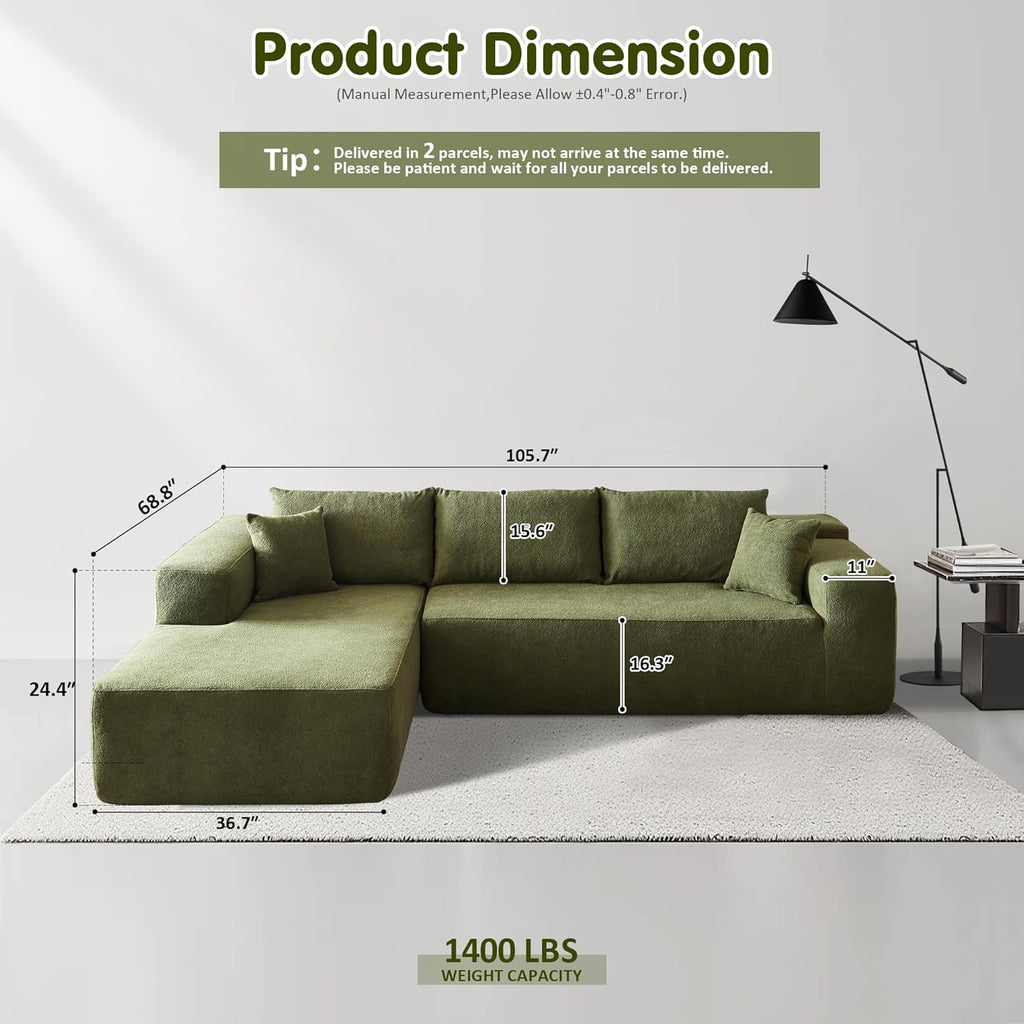 ovios 104in L-Shape Sectional Sofa With Chaise, Grey Plush Corduroy Fabric