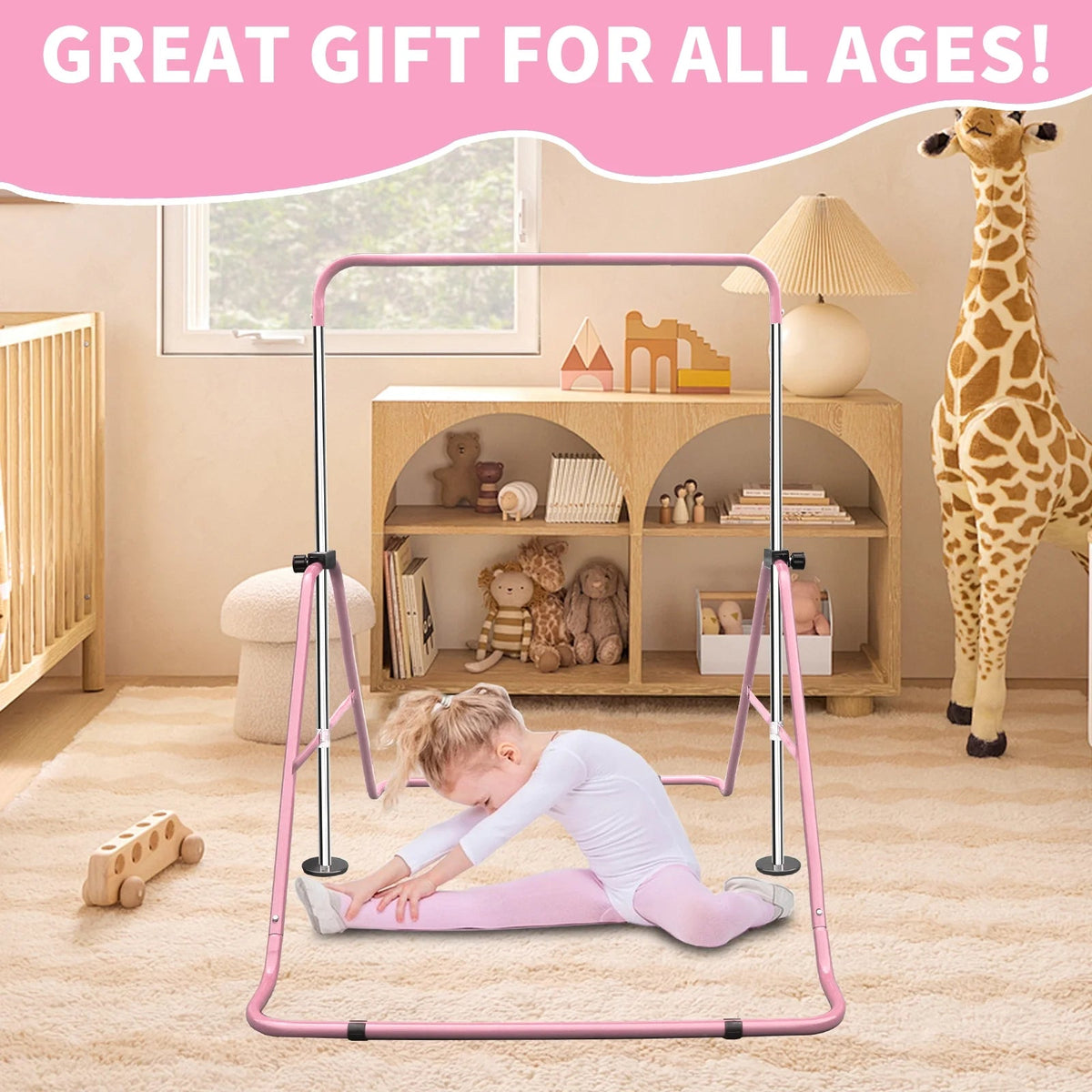 Expandable Gymnastics Bar For Kids, Folding, Height Adjustable 35-51 in, Pink