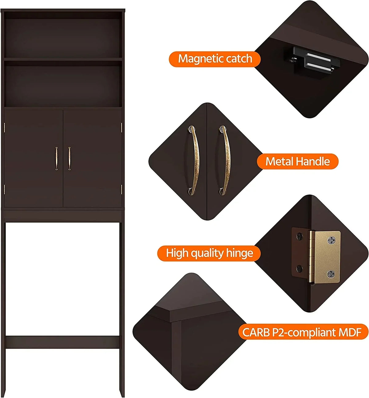Over-the-Toilet Storage Cabinet With Adjustable Shelves And Double Doors, 77 in H, Espresso