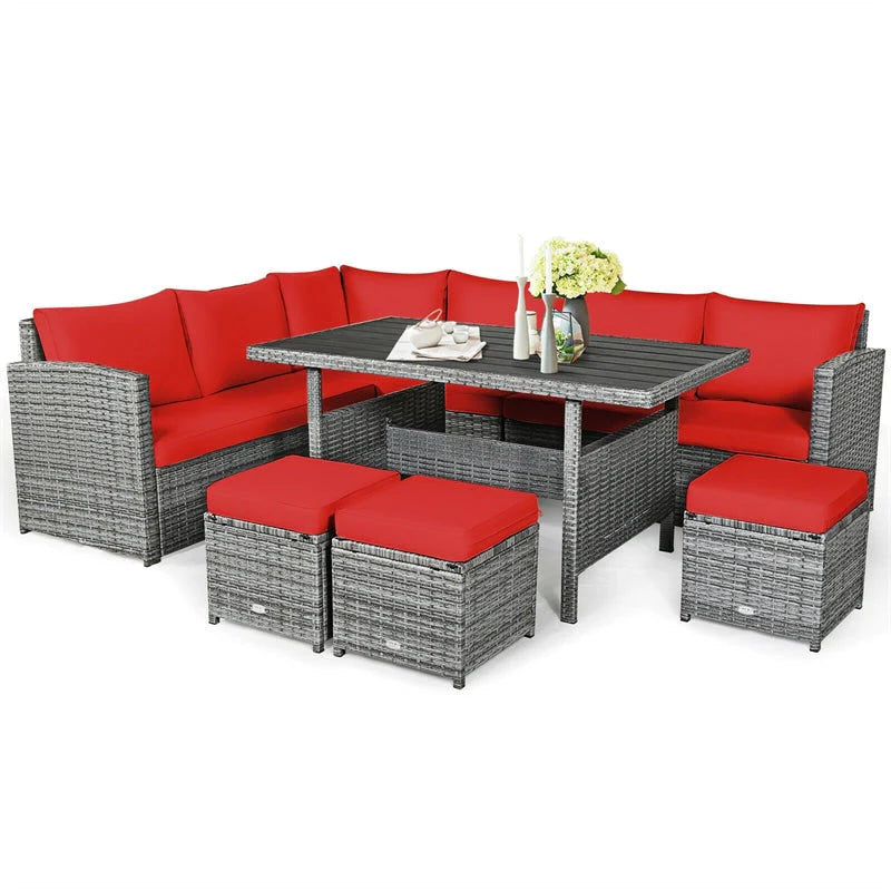 7-Piece Rattan Patio Dining Set With 3 Corner Chairs, 3 Ottomans And Table