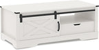 Farmhouse Coffee Table With Storage And Sliding Barn Door, 48 in, White