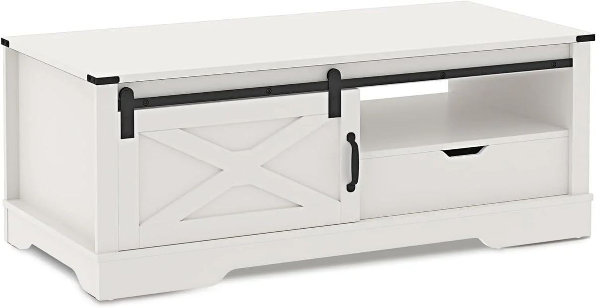 Farmhouse Coffee Table With Storage And Sliding Barn Door, 48 in, White