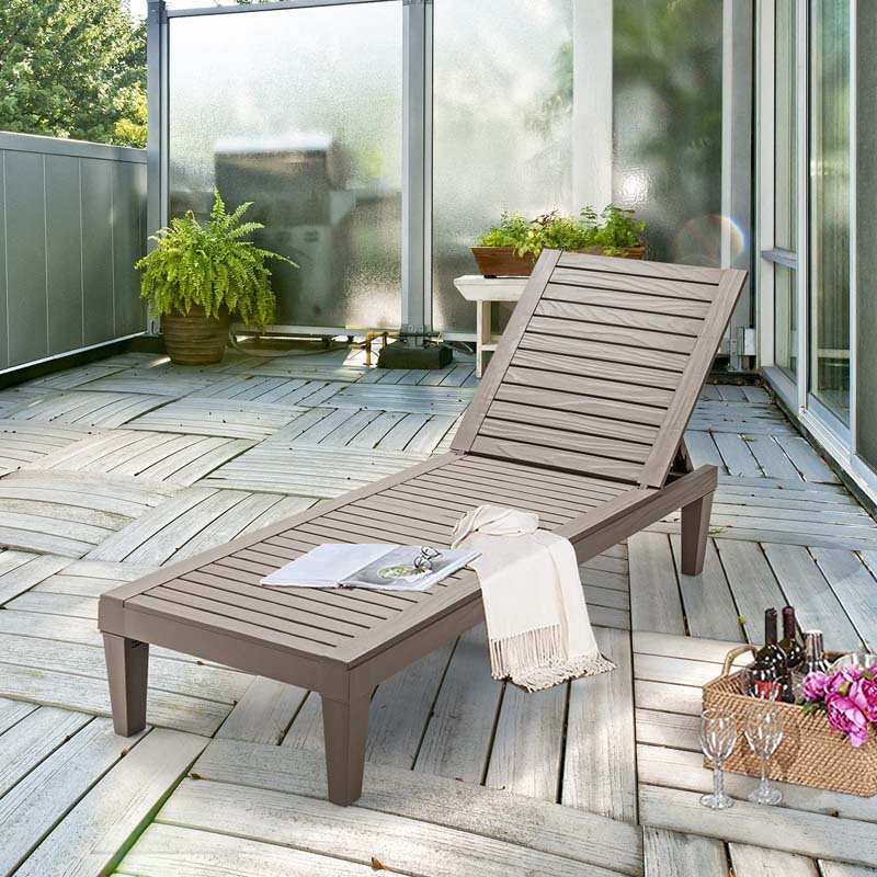 Outdoor Patio Chaise Lounge Chair Recliner - Adjustable 5 Positions, Wood Texture Design