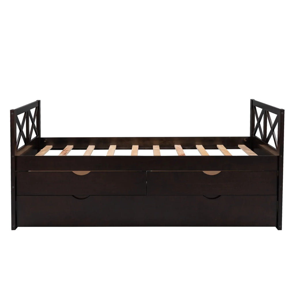 Captain Wood Twin Bed With Trundle And 3 Drawers, Brown, 78.9 in L x 42.7 in W x 36.2 in H