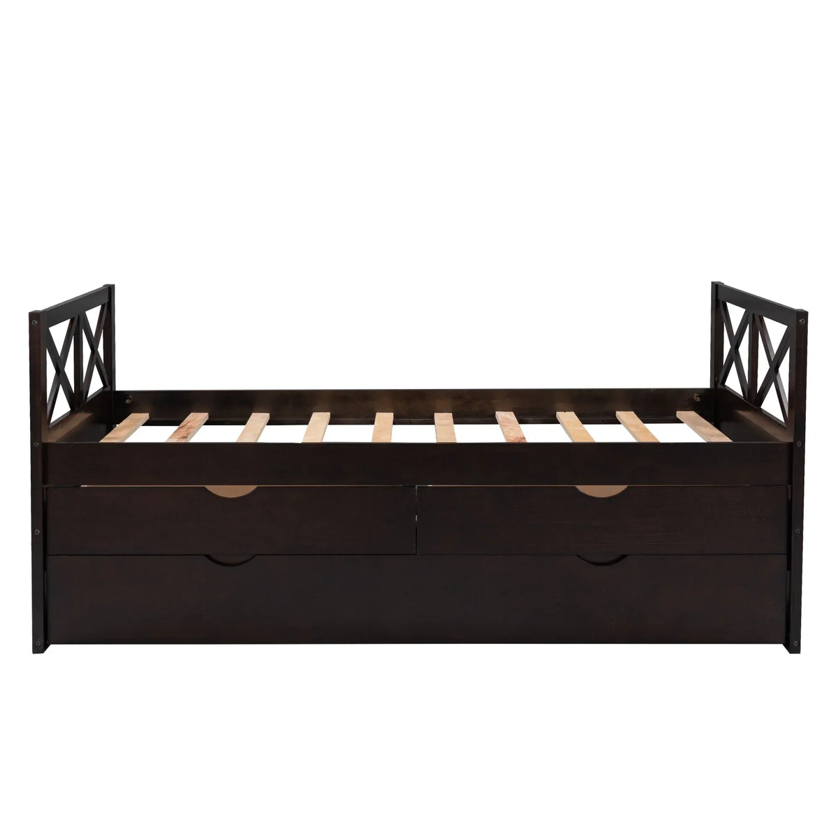 Captain Wood Twin Bed With Trundle And 3 Drawers, Brown, 78.9 in L x 42.7 in W x 36.2 in H