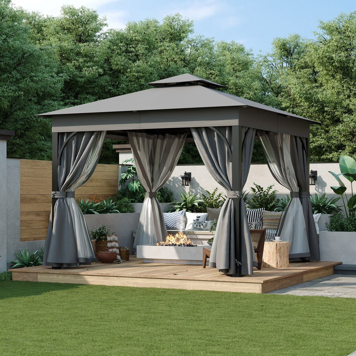 Outdoor Patio Gazebo With Mosquito Netting And Privacy Screens, 10'x10', Grey