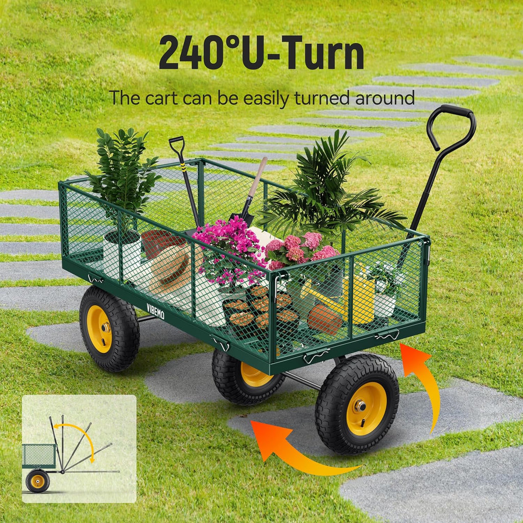 Vibemo Steel Garden Cart 2-in-1, 1400 lbs, 13 in Pneumatic Tires, Black - VB-GC02