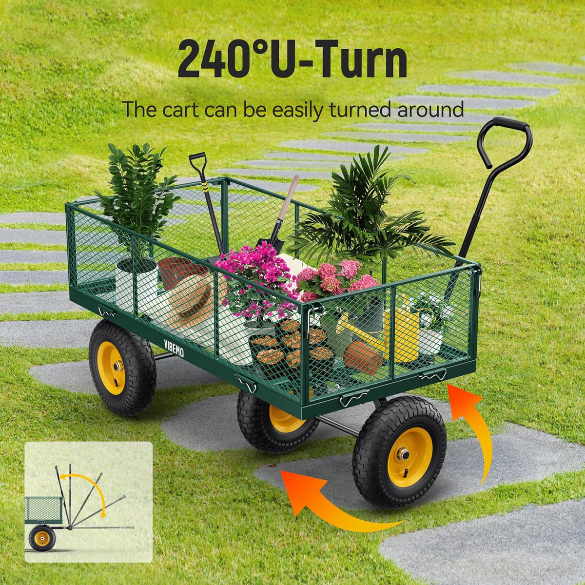 Vibemo Steel Garden Cart 2-in-1, 1400 lbs, 13 in Pneumatic Tires, Black - VB-GC02
