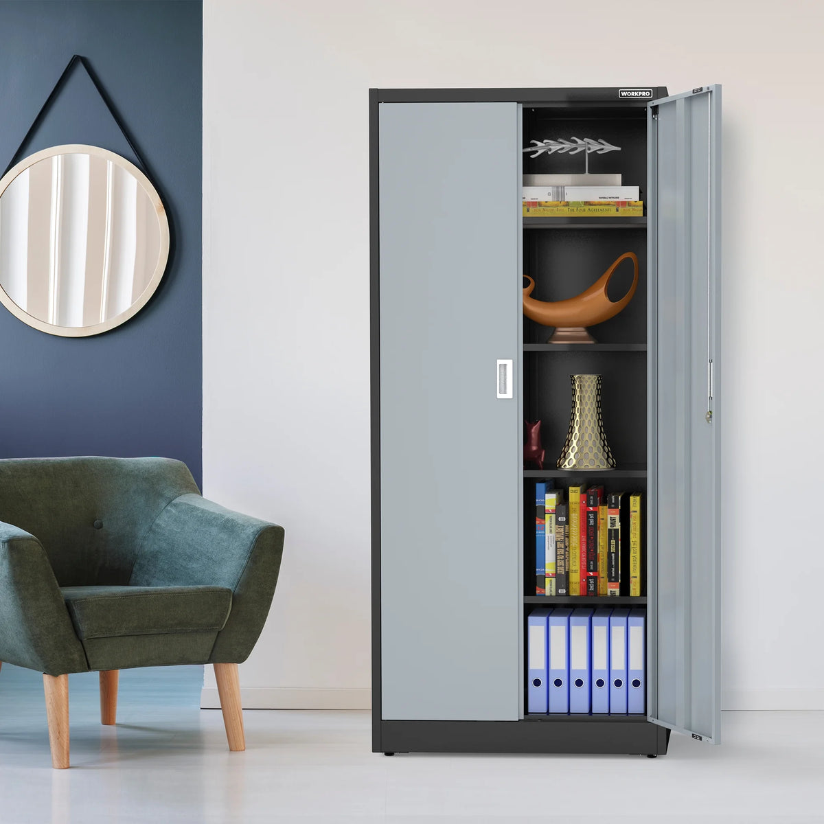 WORKPRO Metal Storage Cabinet With Locking Doors, Adjustable Shelves, Black, 71 Inches Tall - 31-1/2 x 15-3/4 Inch