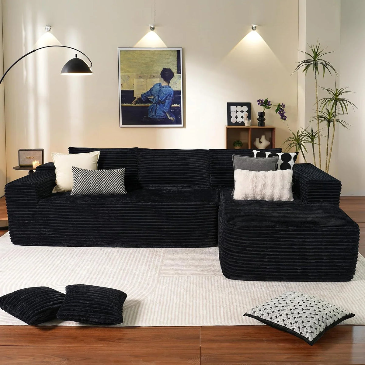 ovios 104in L-Shape Sectional Sofa With Chaise, Grey Plush Corduroy Fabric
