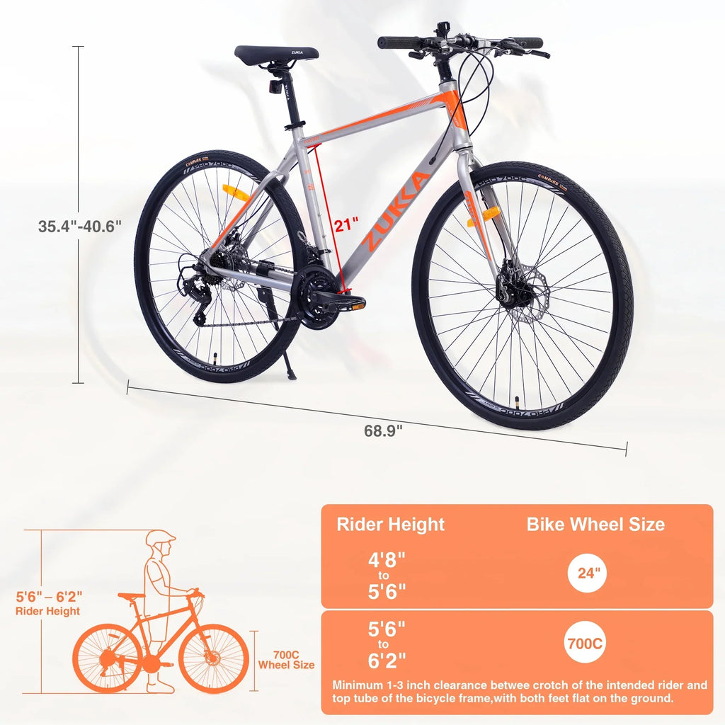 Men's Hybrid Road Bike 28 inch 700C Wheels, 21-Speed, 21-inch Aluminum Frame - Silver and Orange