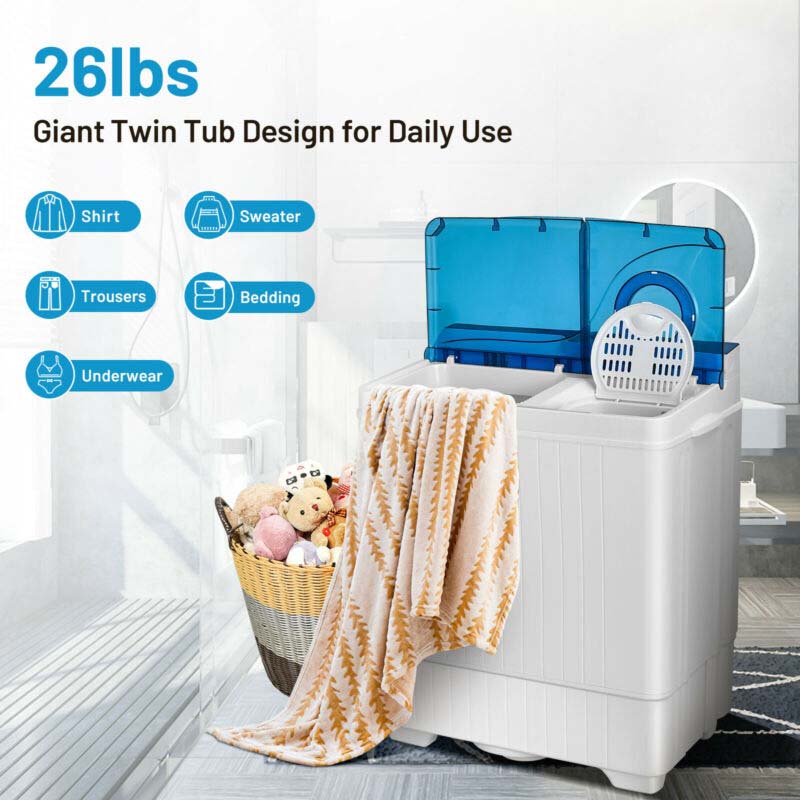 Portable Twin Tub Washer Dryer Combo With Drain Pump, 26 LBS - Blue/Gray