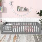 Uhomepro Full Size Wood Floor Bed Frame With Fence And Door - Gray/White/Natural/Espresso