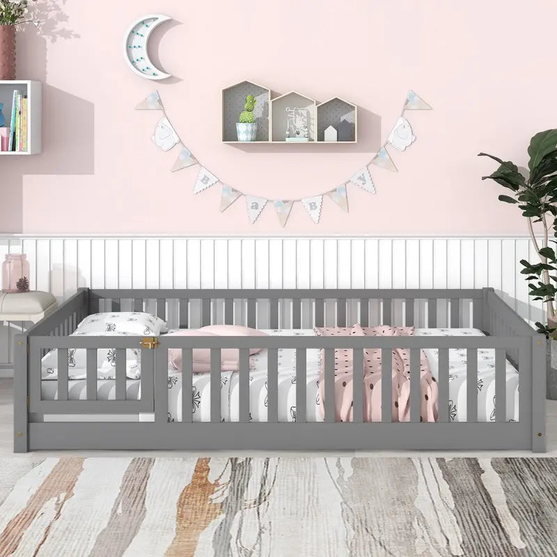 Uhomepro Full Size Wood Floor Bed Frame With Fence And Door - Gray/White/Natural/Espresso