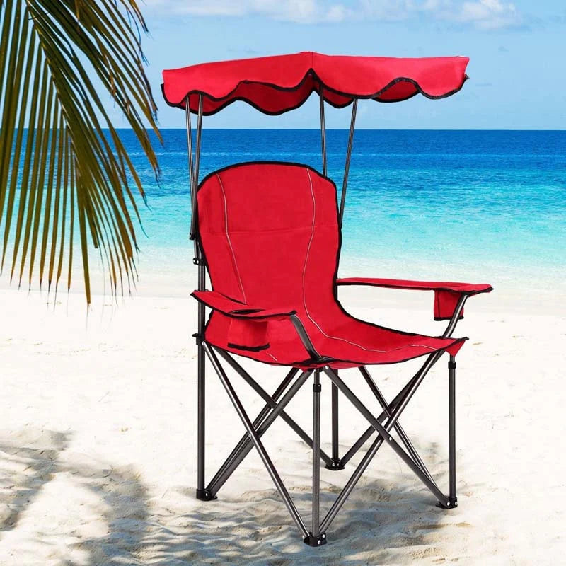Outdoor Canopy Folding Beach Chair With 2 Cup Holders, 600D PVC Fabric - 38in x 26.5in x 51in