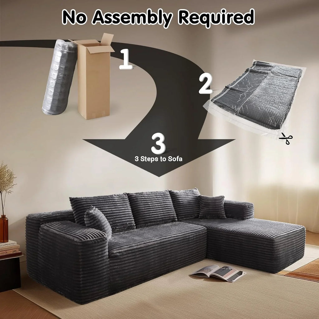 ovios 104in L-Shape Sectional Sofa With Chaise, Grey Plush Corduroy Fabric