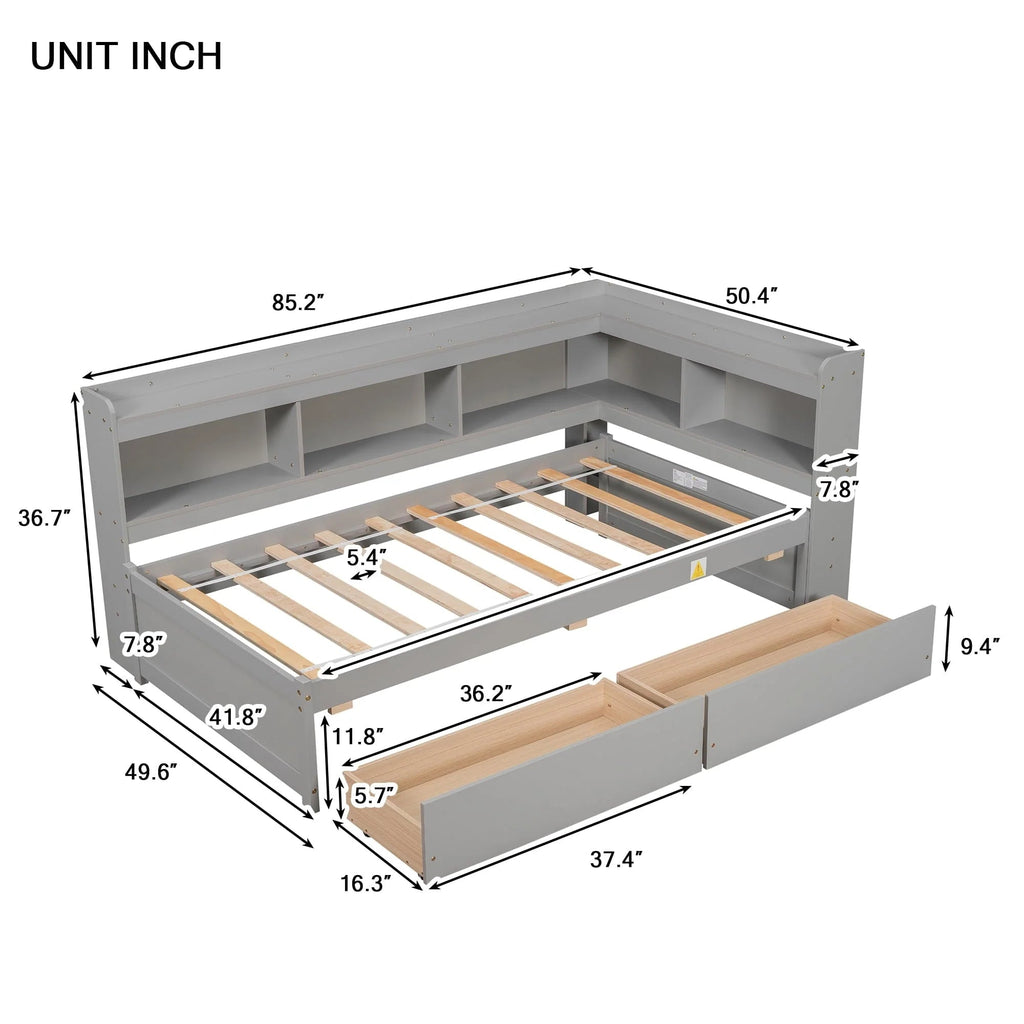 Twin Solid Wood Platform Daybed With L-Shaped Bookcases And 2 Drawers, Gray - 85.20 x 50.40 x 36.70 in