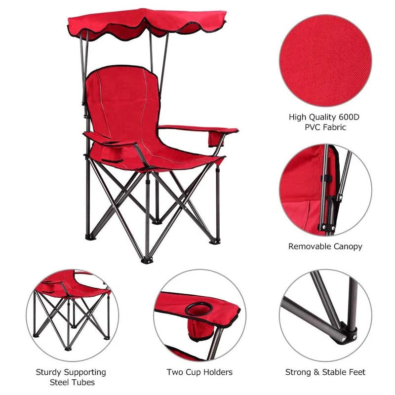 Outdoor Canopy Folding Beach Chair With 2 Cup Holders, 600D PVC Fabric - 38in x 26.5in x 51in