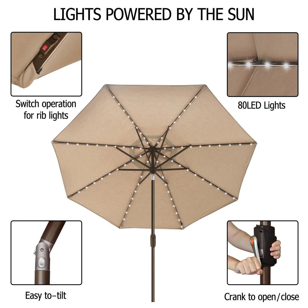 EliteShade 9ft Market Patio Umbrella With 80 LED Lights, Ruby