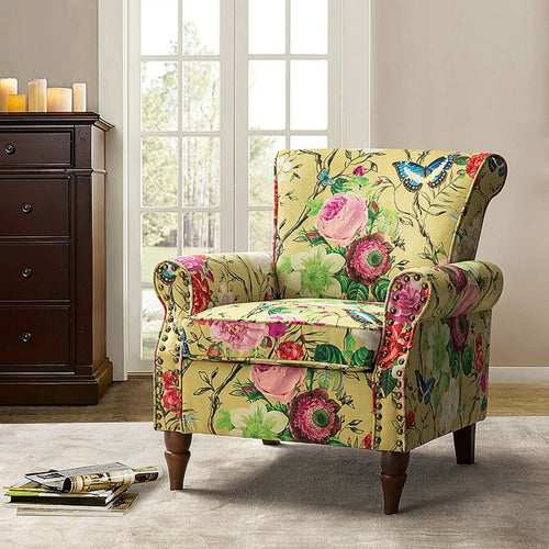 14 Karat Home Wingback Accent Chair, Floral Upholstery, Mustard, 30 x 31 x 32.5 in