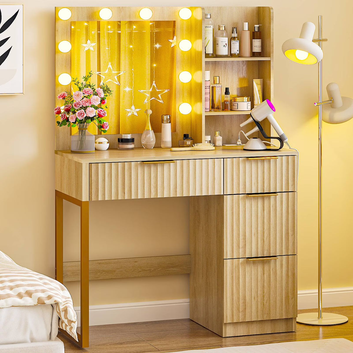 Ktaxon Vanity Makeup Table With Stool, 3-Color Lighted Mirror, 3 Shelves, Drawers, White - 35.43 x 15.55 x 29.53-53.27 in