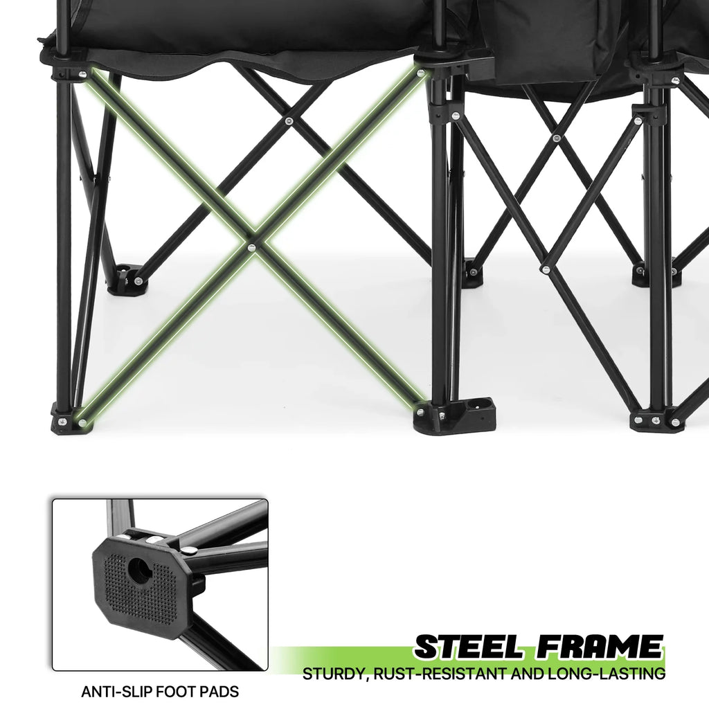 Magshion Portable Double Folding Camping Chair With Removable Umbrella, Cooler Bag And Carry Bag, Black