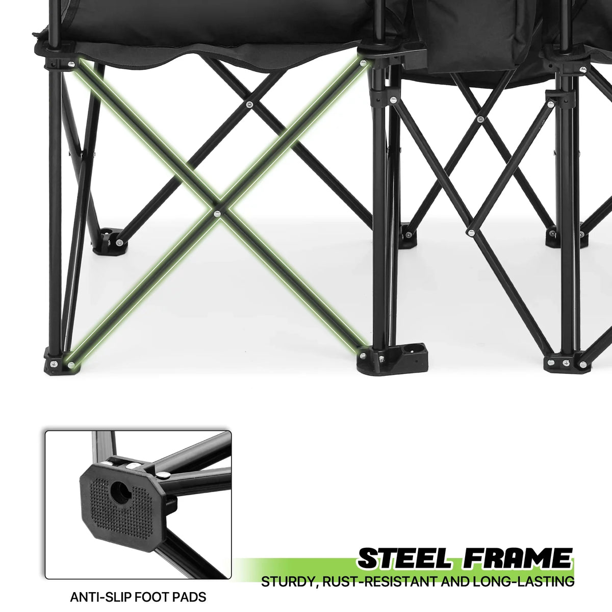 Magshion Portable Double Folding Camping Chair With Removable Umbrella, Cooler Bag And Carry Bag, Black
