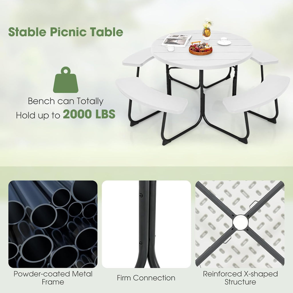 Giantex Round Outdoor Picnic Table And Bench Set, 43in, White, Up To 8 Persons
