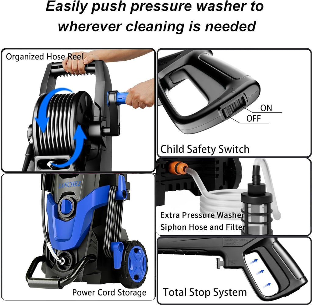 Pressure Washer 4800PSI With 4 Quick Connect Nozzles, Inlet Hose, Filter And 500ML Soap Tank