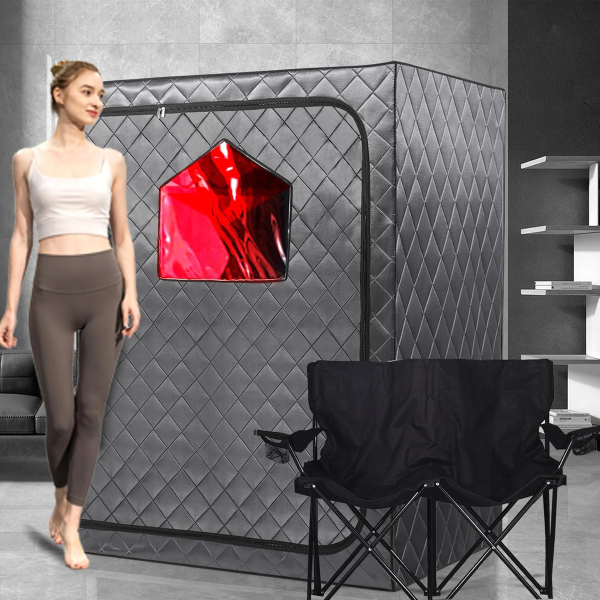 Portable 2-Person Infrared Sauna Tent With 2 Foldable Chairs, Remote Control, 1600 Watt, 140 Fahrenheit