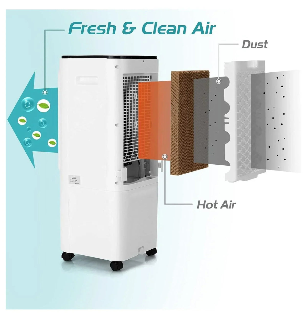 Bladeless Evaporative Cooler, 12L, 4 Ice Packs, 4 Modes, 3 Speeds, 7.5H Timer, White