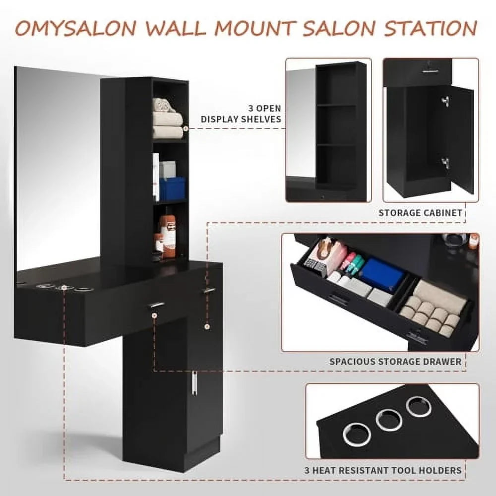 OmySalon Wall Mount Salon Station With Mirror, 1 Storage Cabinet, 2 Drawers And 3-Tier Shelf - Black
