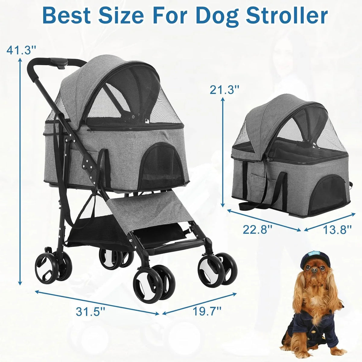 Dkeli 3-in-1 Folding Pet Stroller With Detachable Carrier And Car Seat, 44 Lbs