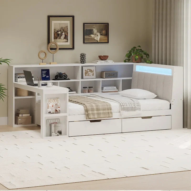 Ivery Furniture L-Shaped Wooden Twin/Full Daybed With Desk, Bookcase, Drawers And RGB Light - Natural/White