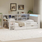 Ivery Furniture L-Shaped Wooden Twin/Full Daybed With Desk, Bookcase, Drawers And RGB Light - Natural/White