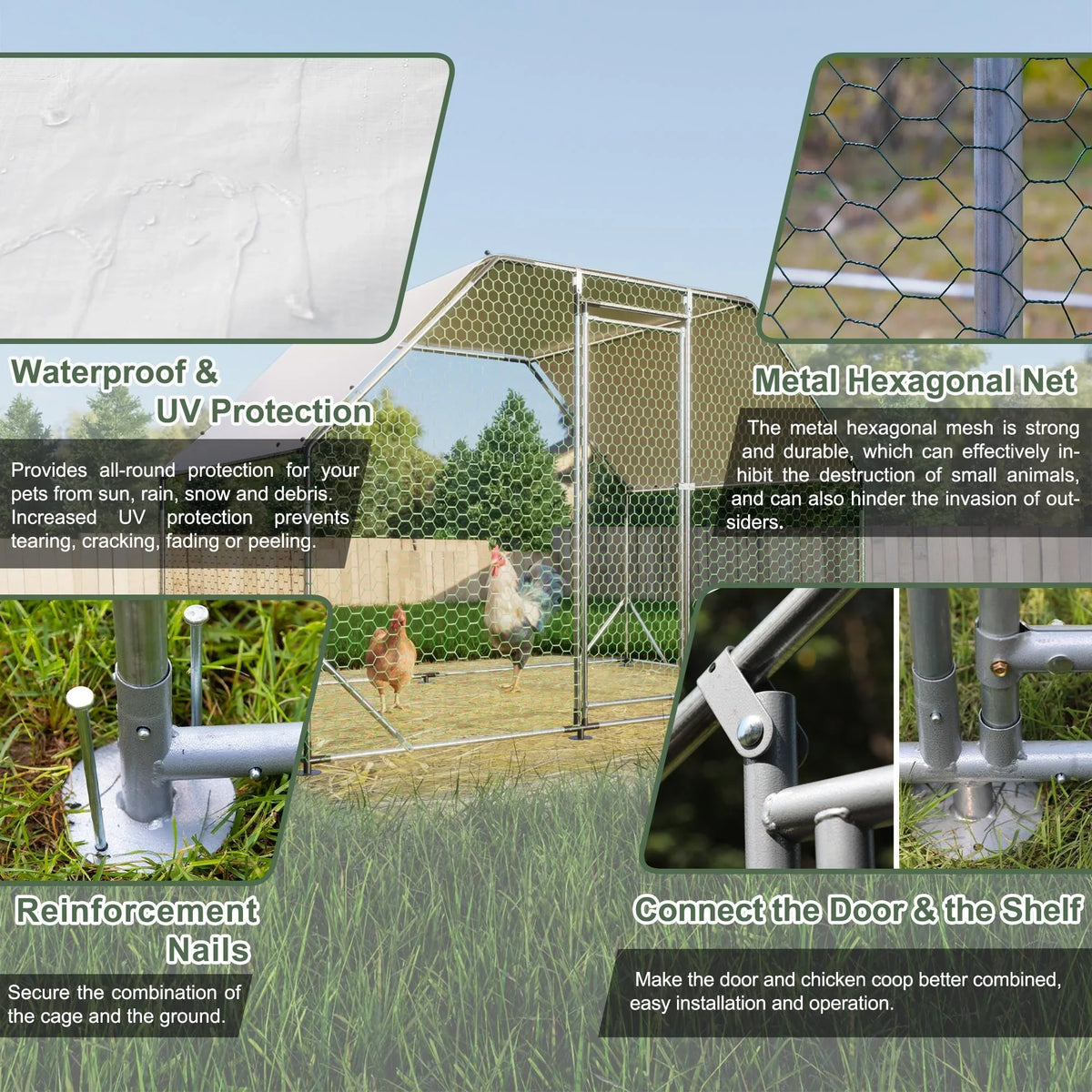 Seizeen Walk-In Chicken Coop Run for 6-8 Chickens, 10FT - Waterproof Galvanized Wire